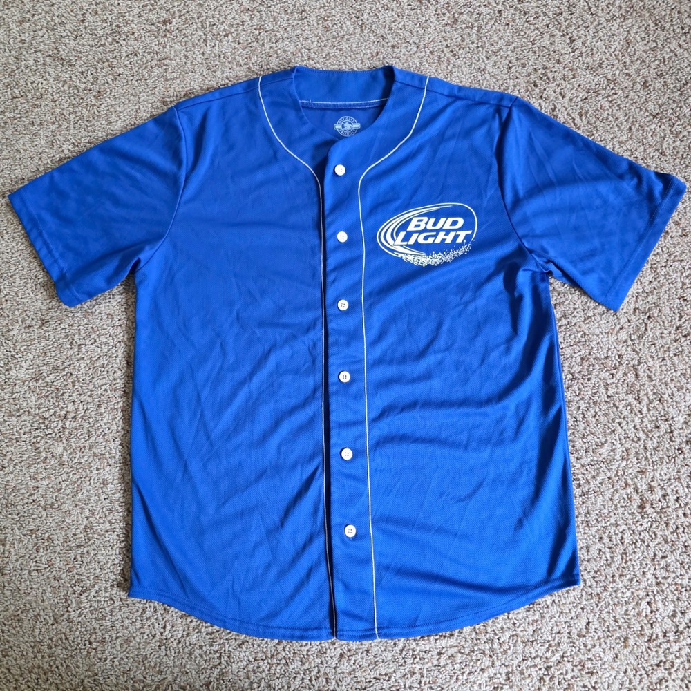 Bud Light Mens Baseball Jersey Blue Mesh Button Front Graphic Shirt Size M‎ 00